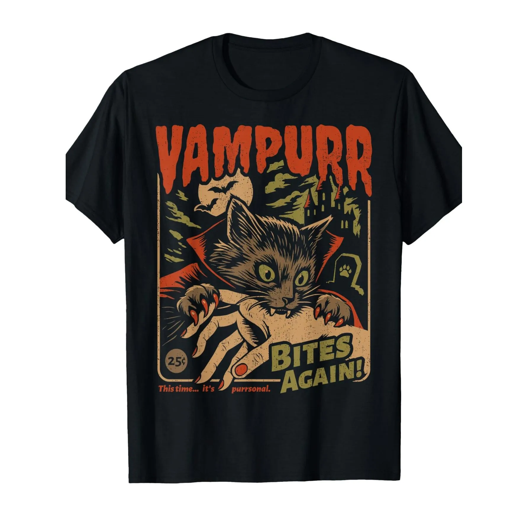Vampurr Bites Again! Funny Cat Halloween Vintage Graphic T-Shirt