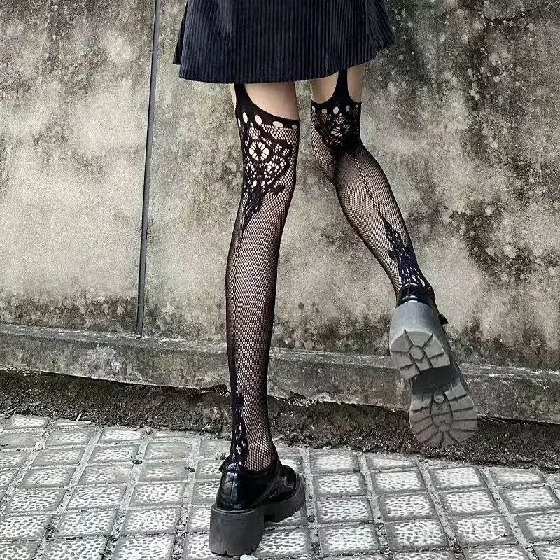 Gothic Dark Girl Long Sexy Fishnet Stockings Women Classical Design Harajuku Emo Mesh Tights Lingerie Thigh High Garters Hosiery