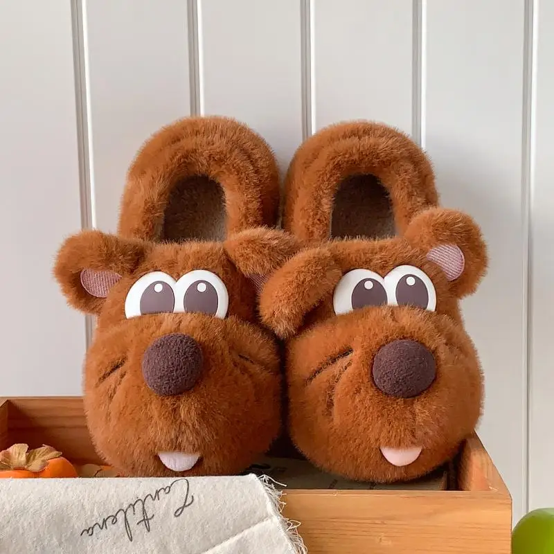 Cute Cartoon Mouse Furry Indoor Slippers Winter 2026 Soft Thick Bottom Fluffy Fur Slippers Woman's Lovely Home Cotton Shoes
