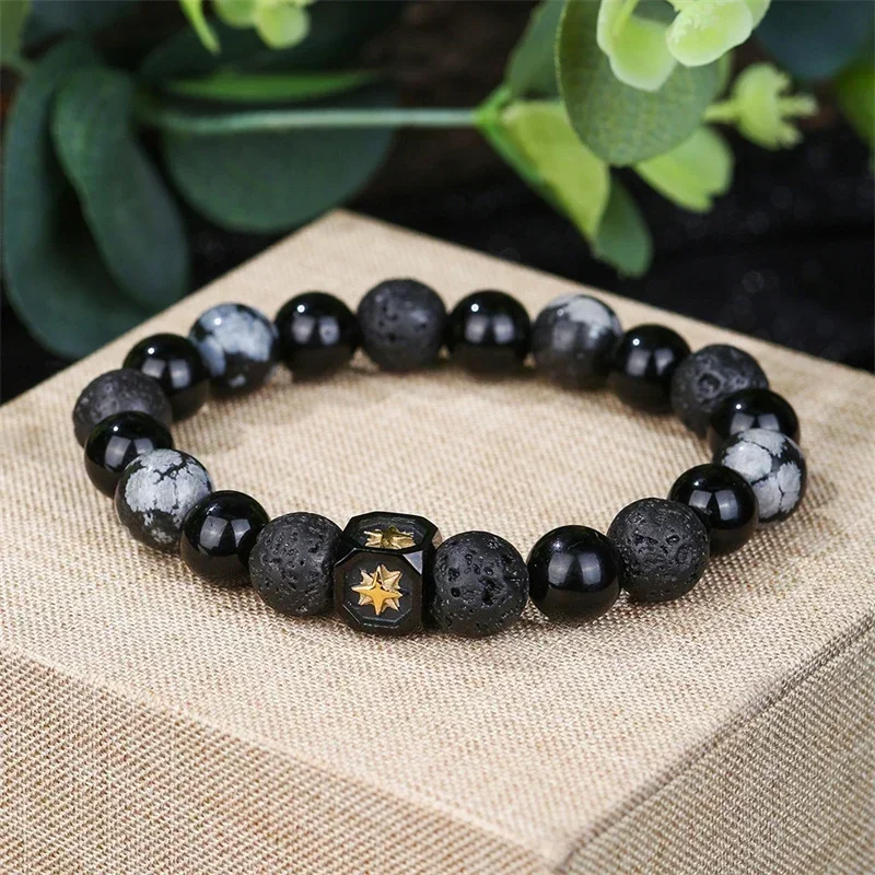 Natural Black Volcanic Lava Stone Star Bracelet Black Matte Beads Bracelets for Women Men Classic Jewelry Pulseras