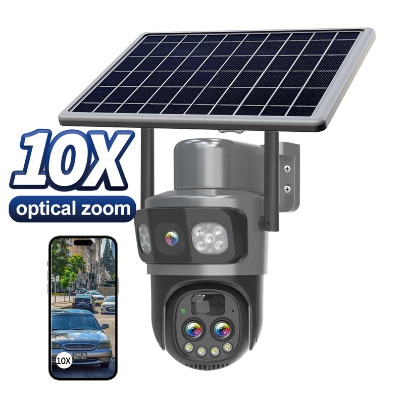 Guudgo Tri-lens Solar Camera 10X Optical Zoom WIFI 4G Wireless PTZ Color Night Vision Human Detection Solar Powered Waterproof