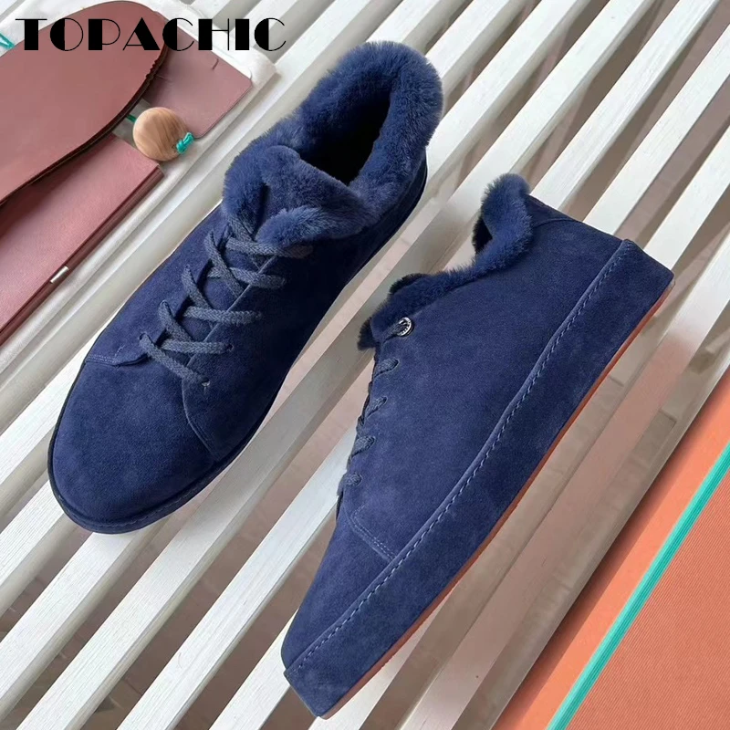 11.13 TOPACHIC Men\'s Wool Cow Suede Keep Warm Thicken Casual Shoes Round Toe Lace-Up Flat Vulcanize Shoes