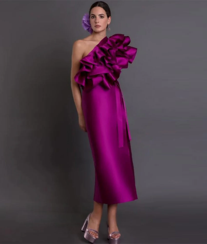

Customized High Quality Satin Straight One Shoulder Ruffles Evening Dress Sexy Sleeveless Ankle Length Special Occasion Gowns