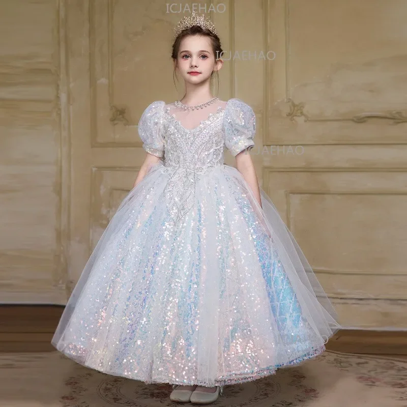 2026 Long Evening Dress Performance Outfit Kids Formal Costume Wedding Flower Girl Elegant Princess Gown Pageant Host Children