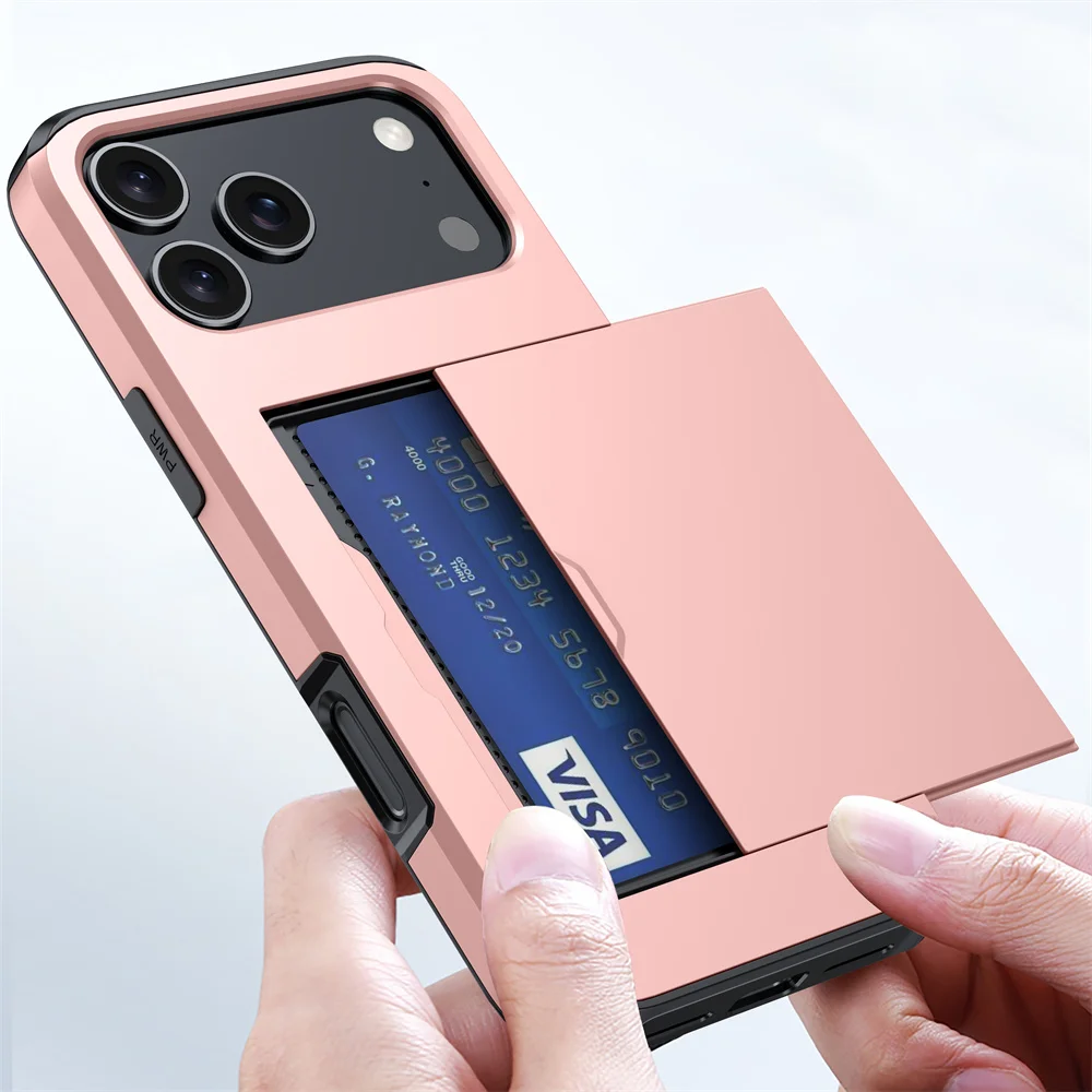 Robuste Handyhülle für iPhone 18 17 16 Plus 15 Pro 15 14 13 12 11 Pro Max mit Brieftaschen-Kartenhalter und Schiebeverschluss aus hartem PC-Schutzmaterial – Detail 21