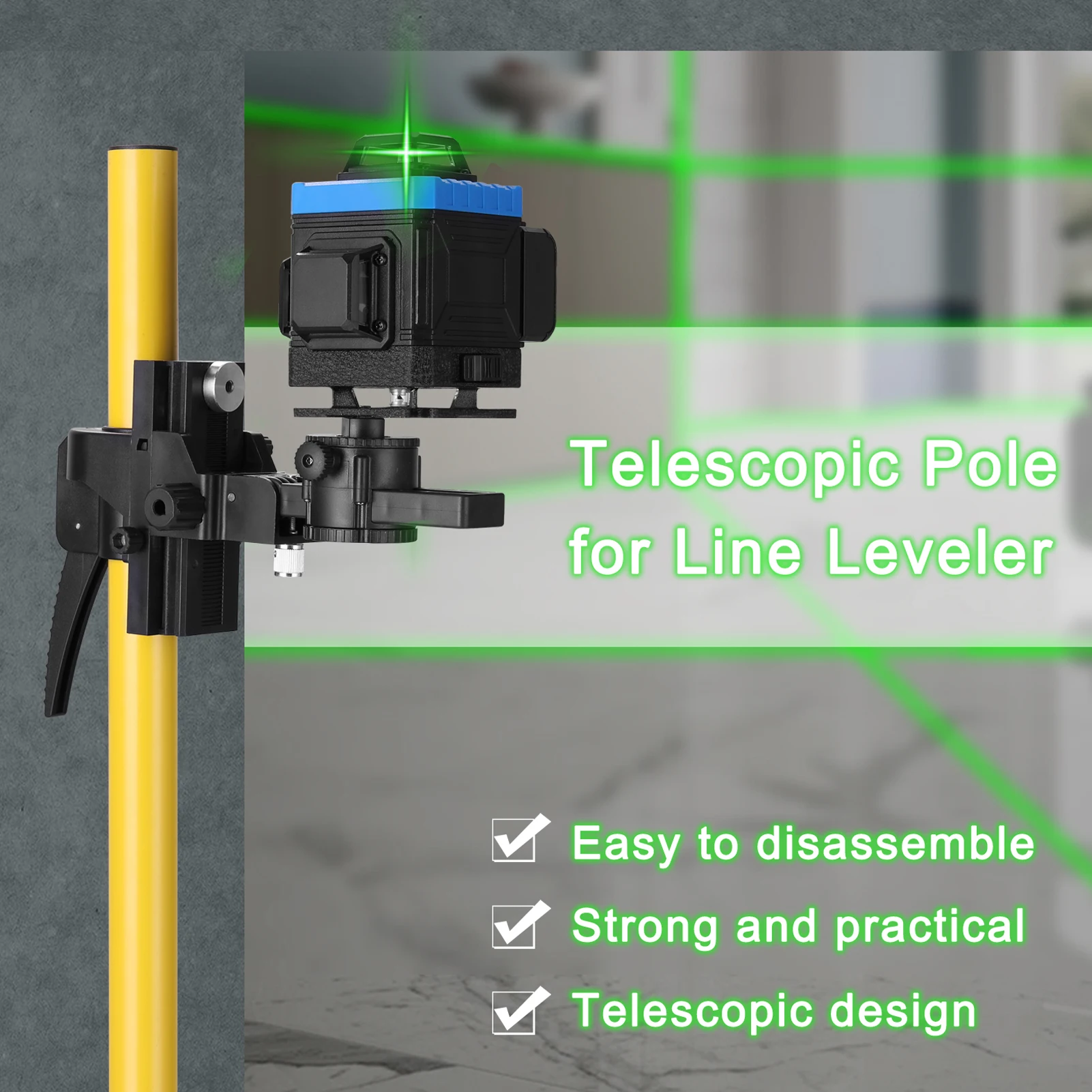 Laser Level Stand Max 4.2m Height Adjustable Line Leveler Stand Bar Telescopic Pole Bracket 1/4'' Thread Lift Extend Holder