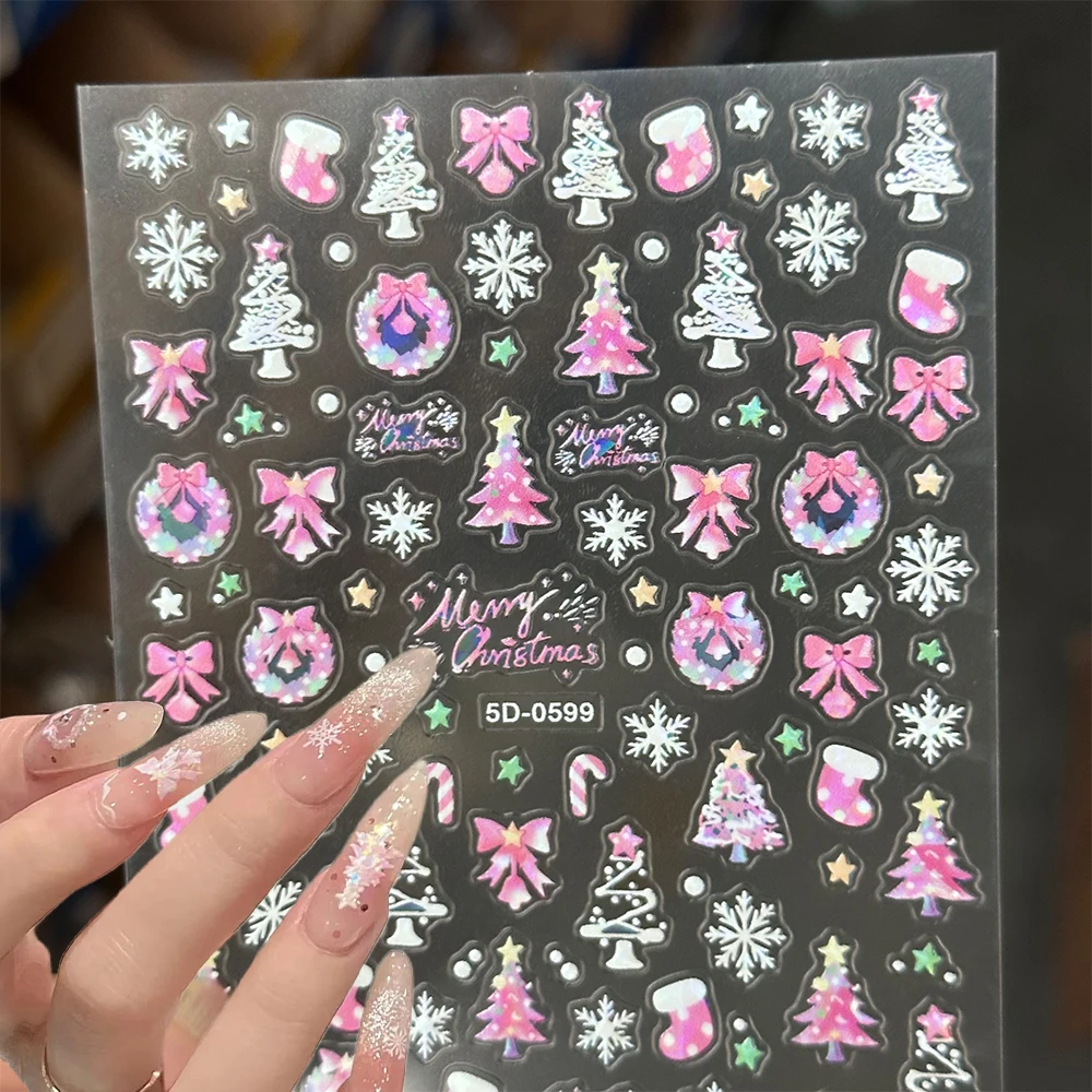 

1pcs Glitter Pink Christmas 5D Nail Sticker Embossed Shiny Christmas Tree Wreath Snowflake Nail Art Decals Bow Bell DIY Manicure