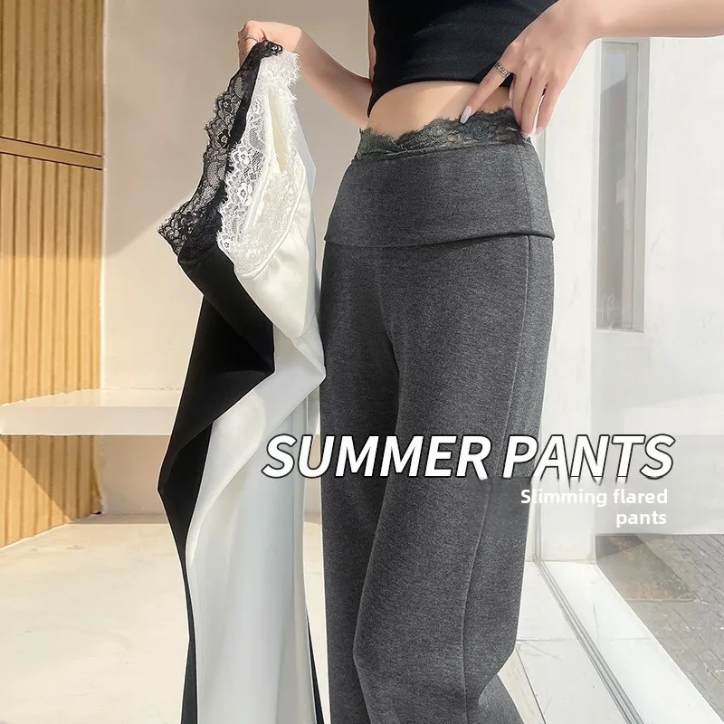 

High Waist Bell Bot Pants Women's Lace Splice Yoga Trousers Thin Spring Summer Slimming Leggings Asymmetric Knitted Casual...