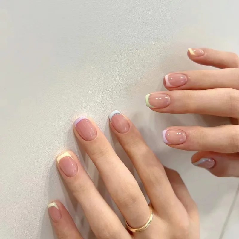 24 Pcs Cheap Fake Nail Set Presss on Nails Self-adhesive Short Summer Simple Colorful French Rounded False Nails with Design