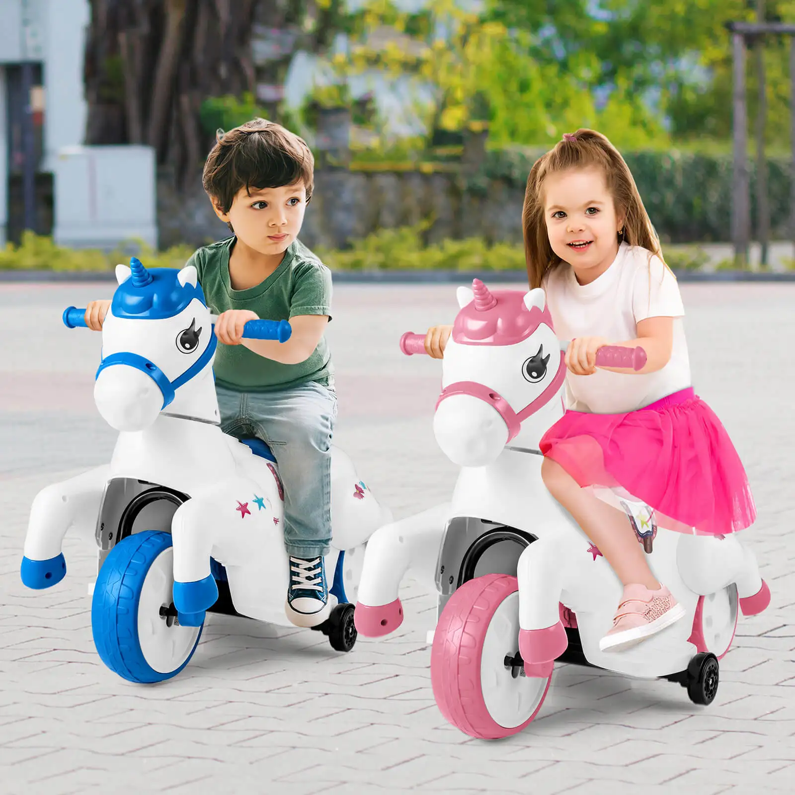 Juguete de unicornio con ruedas de entrenamiento para niños, juguete de caballo de arranque de un botón, música, 12V