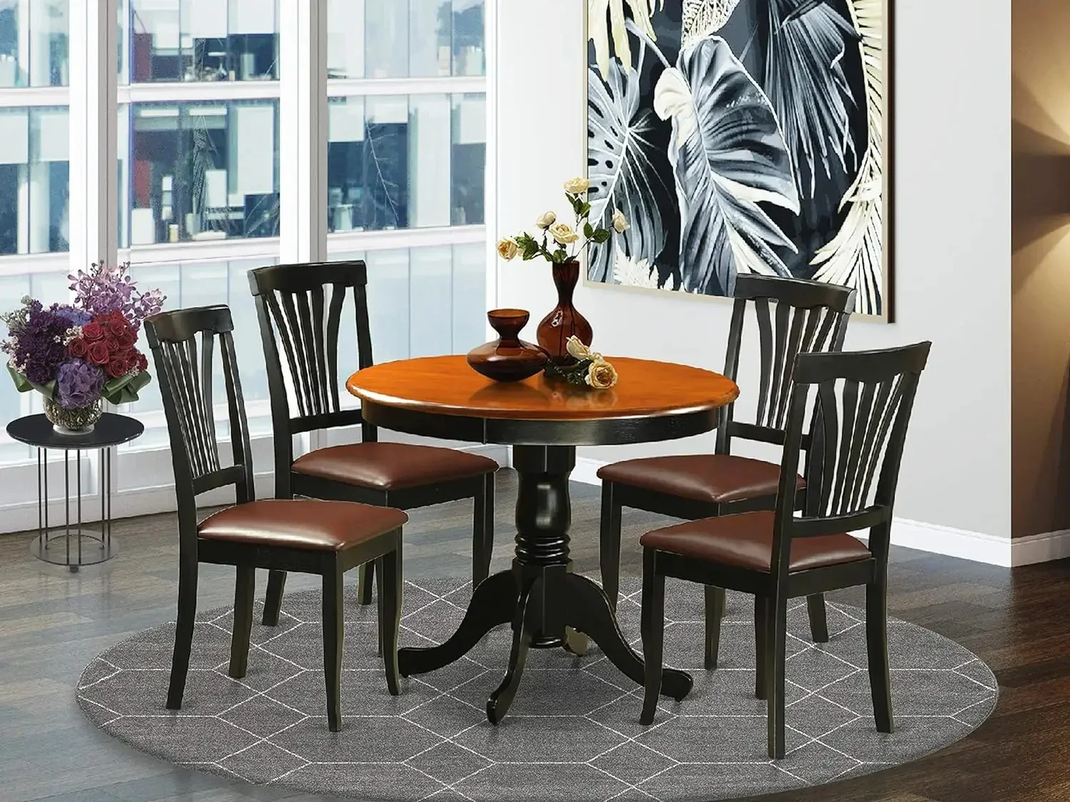 East West Furniture ANAV5-BLK-LC 5 Piece Dinette Set for 4 Includes a Round Kitchen Table with Pedestal and 4 Faux Leather Dinin