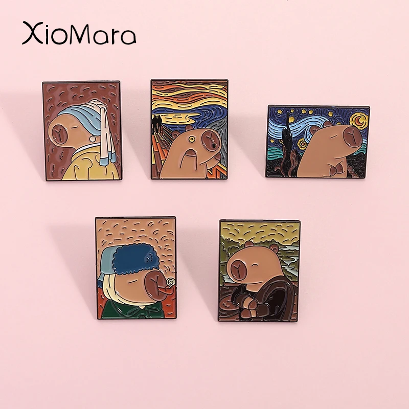 Screaming Capybara Painter Enamel Pins Classics Oil Painting The Starry Night Metal Brooches Lapel Badge Backpack Jewelry Gift