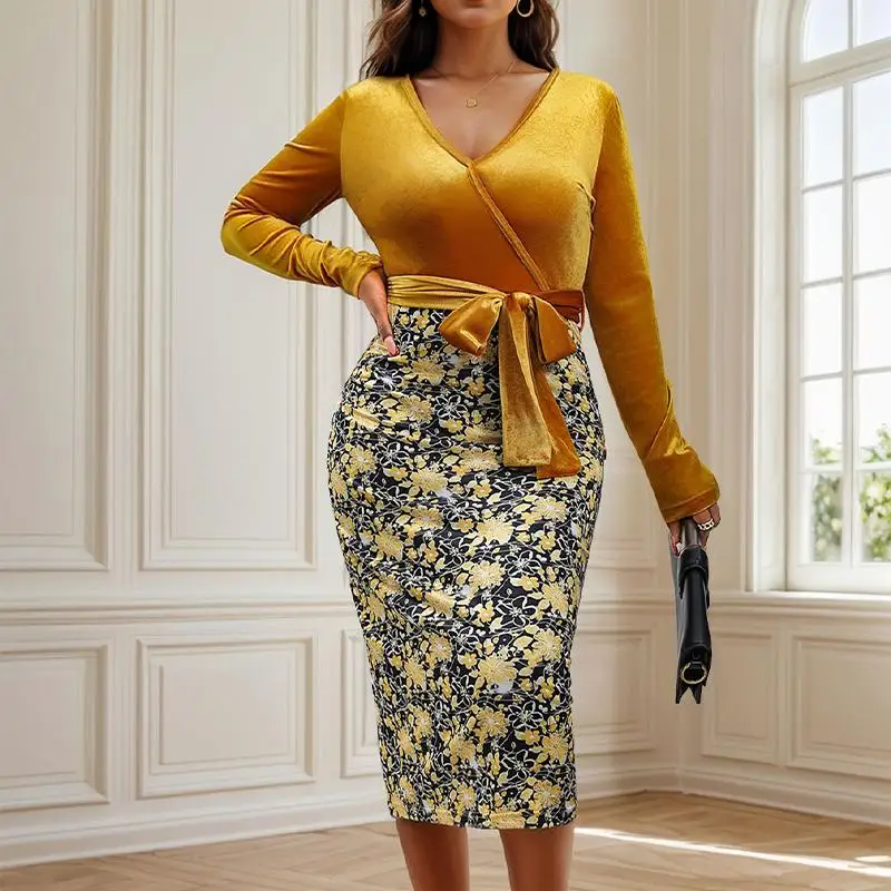

Women's Yellow Velour Floral Print Dress Deep V-Neck Long Sleeve Waist Belted Bodycon Party Dress