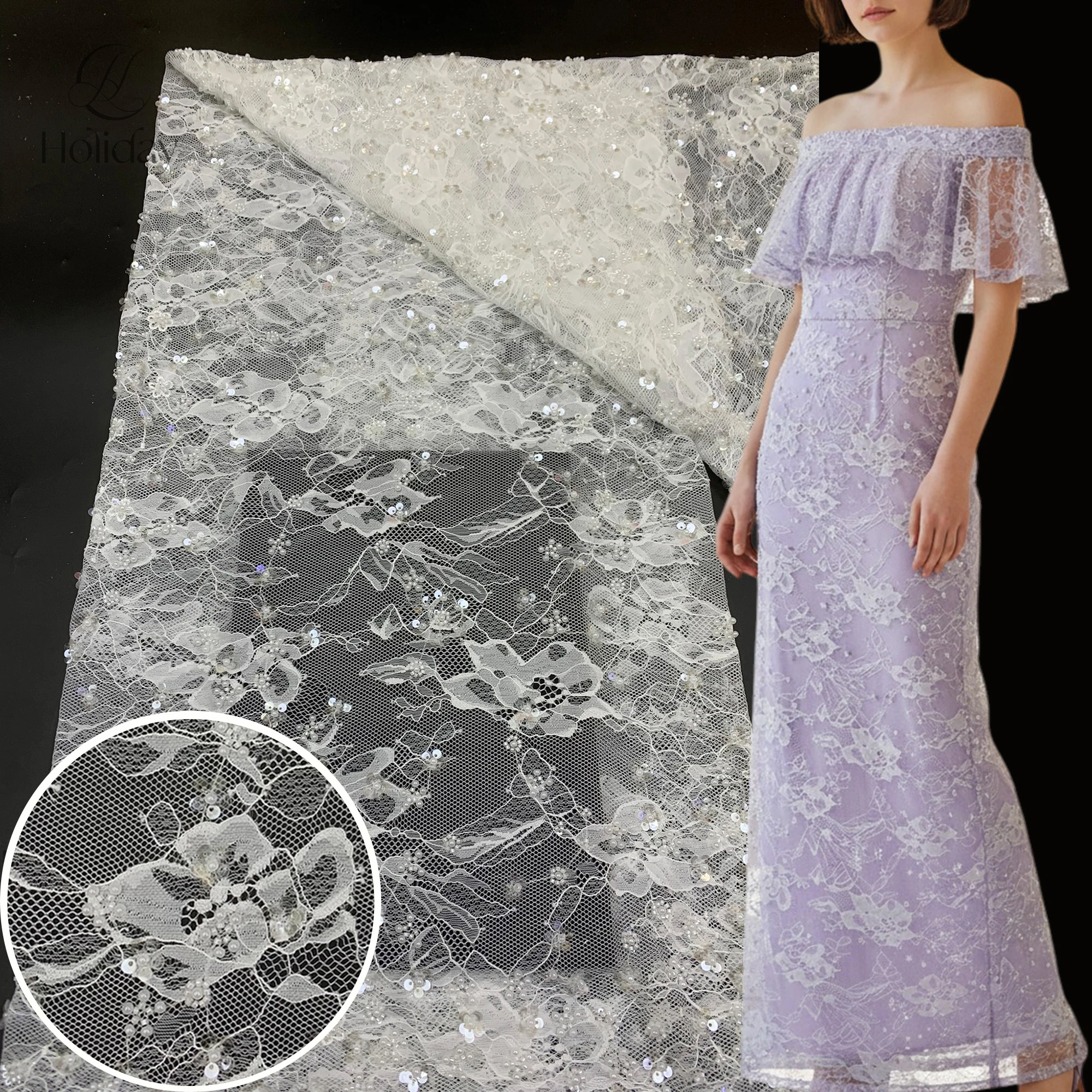 豪華な重装飾レース生地-​--3-in-1-ビーズ-チューブ-スパンコール刺繍--2026年新作クラフト--ウェディングドレスのレーストリム