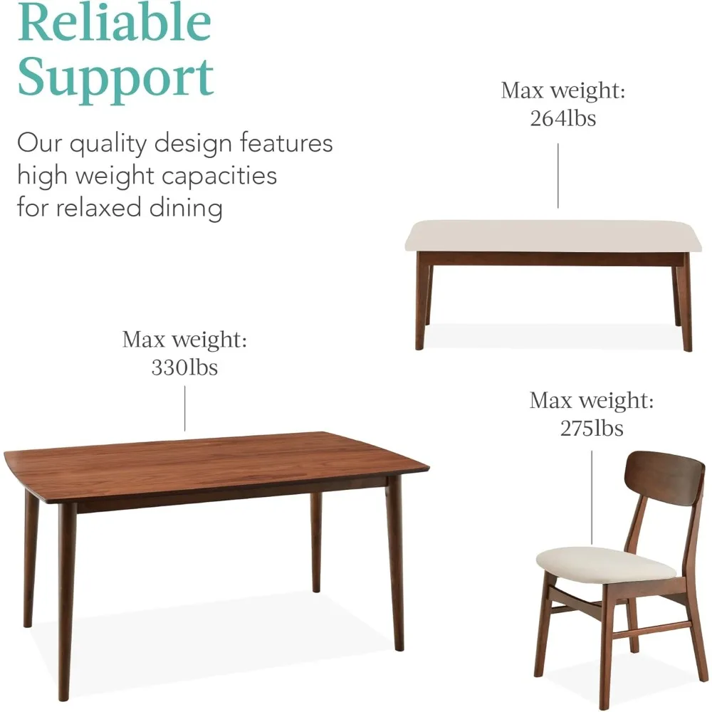 Ensemble de salle à manger en bois 6 pièces, table moderne du milieu du siècle, chaise à pied avec banc, pieds en caoutchouc, marron, crème