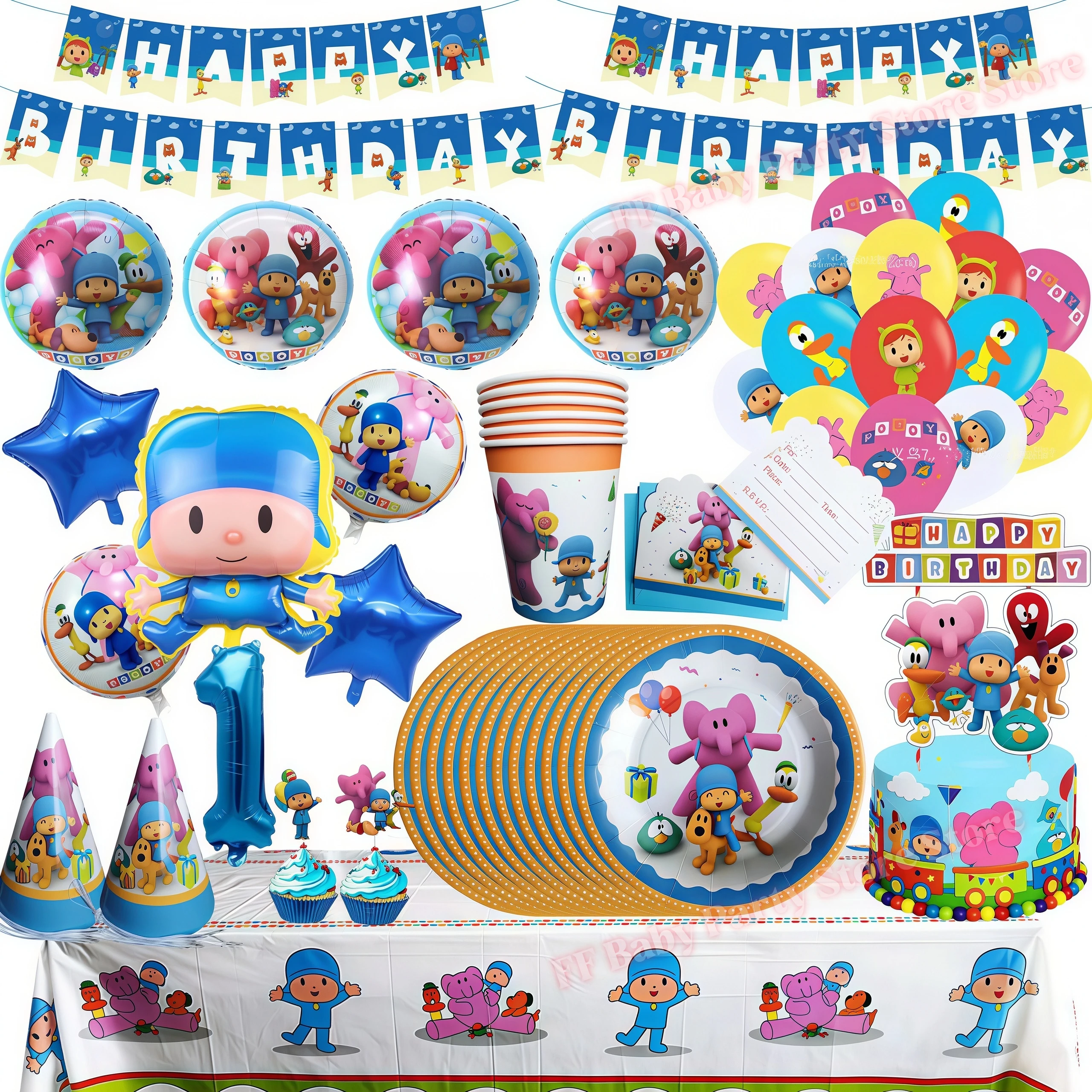 Cartoon P-Pocoyoes Geburtstagsparty Dekorations-Set Teller Becher Servietten Tortendekoration für Kinder Geschenk Baby-Shower Party-Zubehör