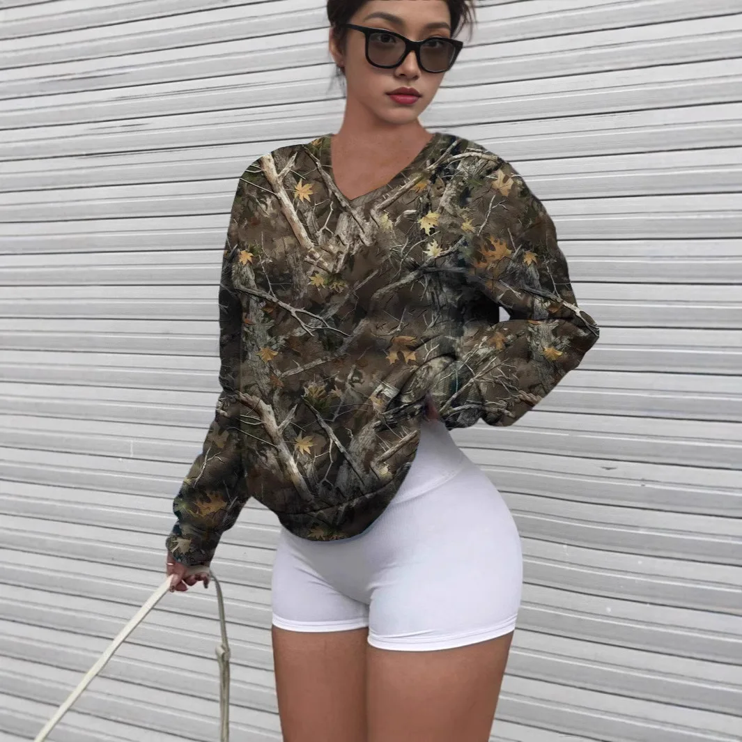 

Plants Print Drop Shoulder Sweatshirt Casual Long Sleeve Pullover for Fall and Winter V-neck Top Woman Clothing