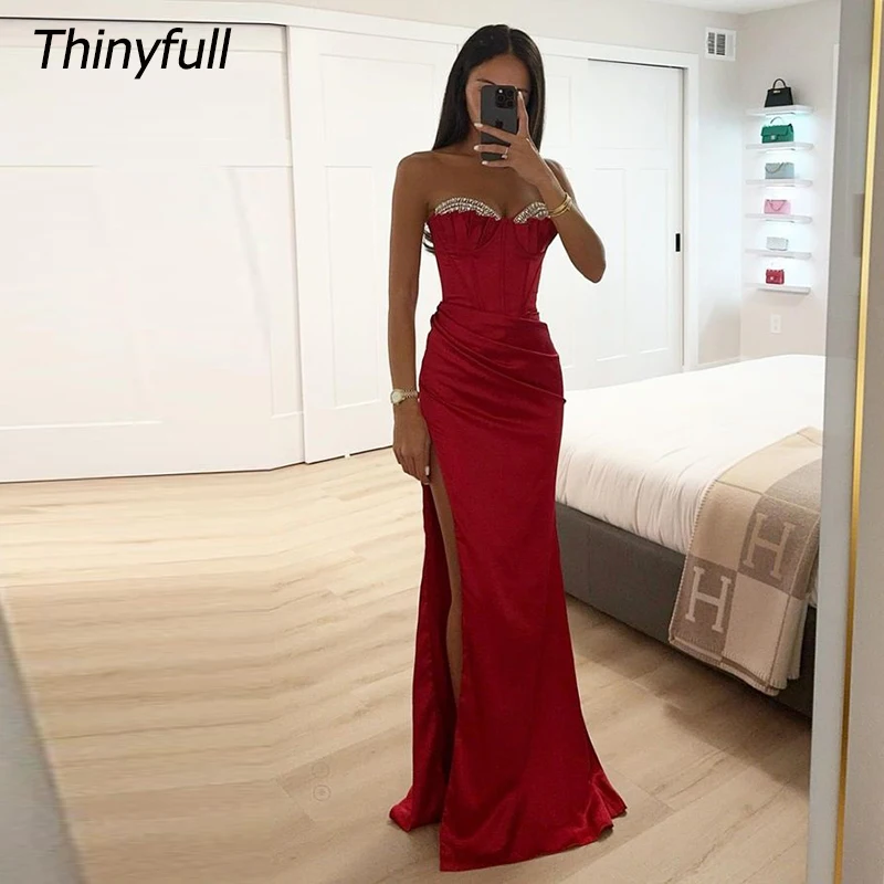 

Thinyfull Mermaid Prom Dresses Sleeveless Sweetheart Crystal Evening Party Gown Split Elegant Long Special Occasion Dress