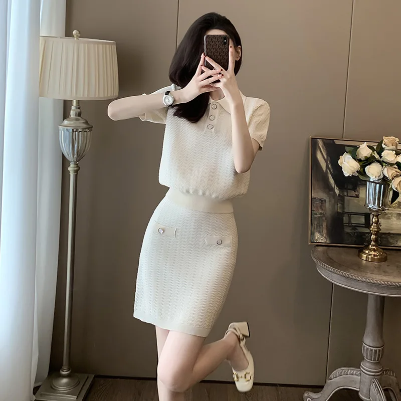 Conjunto feminino de malha cáqui, 2 peças, gola polo, manga curta, camiseta + cintura alta, saia quadril enrolada, conjunto casual