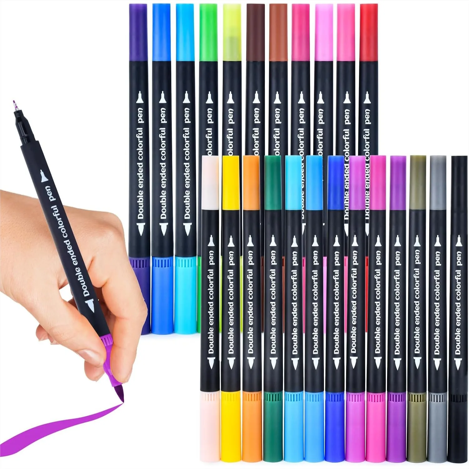 

24 Colored Dual Tip Markers Fine & Brush Pens for Adult Coloring, Sketching, Drawing, Journaling Art Set with No Bleeding