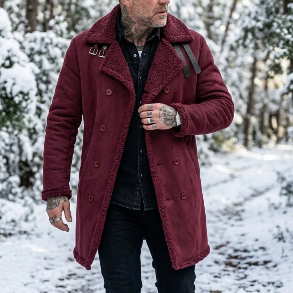 Neue Herren-Winterjacke aus Kunstwildleder & Pelzgefüttert Winddichte Doppelreihige Streetwear-Jacke Warme Jagd-Oberbekleidung Herrenjacke – Detail 9