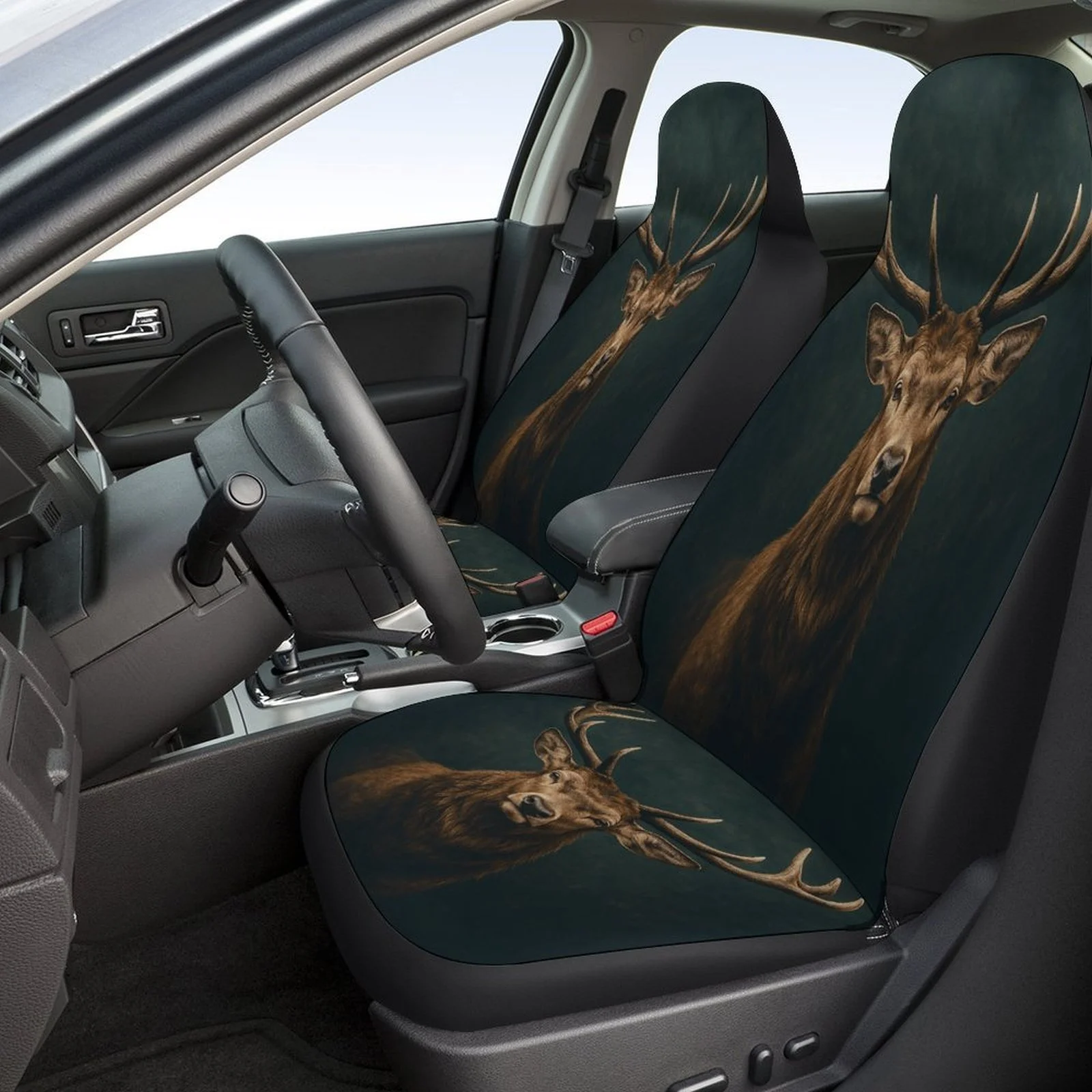 Car Seat Cover Set Featuring A Deer Portrait, Suitable For Various Vehicles. This High-Quality And Comfortable Full Set Includes