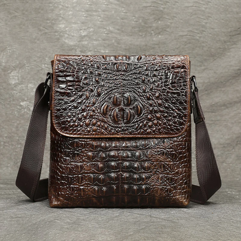 Men's new genuine leather flap crossbody bag premium crossbody bag fashion crocodile pattern crossbody bag, casual shoulder bag