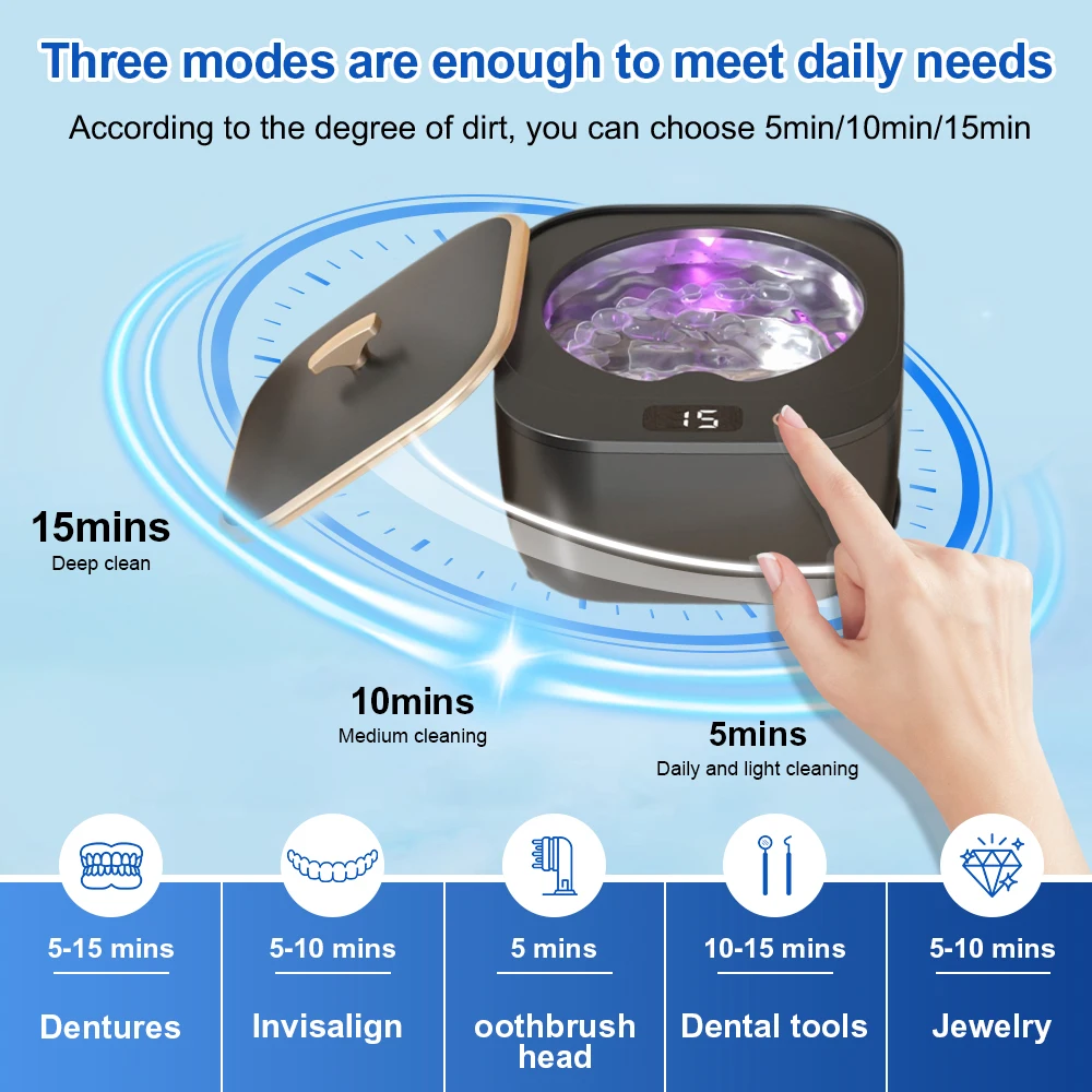 Limpiador ultrasónico para dentaduras postizas, máquina de limpieza por ultrasonido profesional de 48khz para todos los relojes de joyería alineadores de retenedores dentales