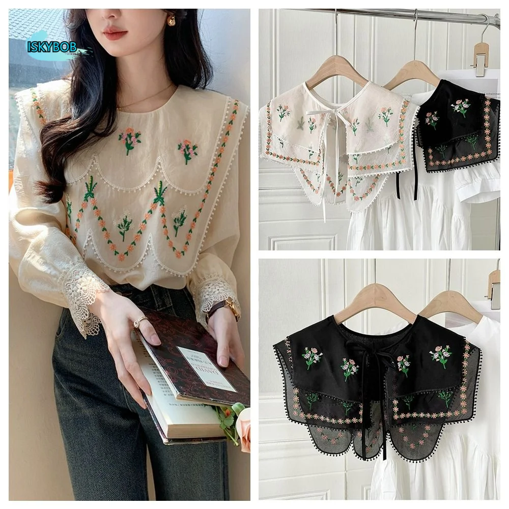 

Cape Embroidered Floral Fake Collar Countryside Style Embroidery Small Shawl Wraps Double-layer Lace Blouse False Collars