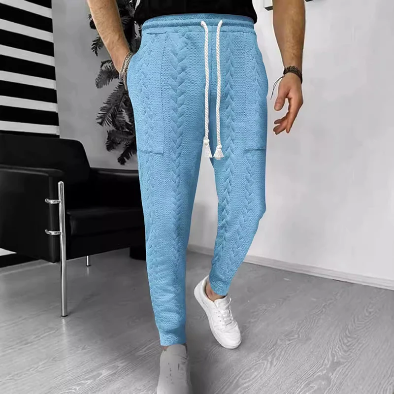 

Men 2024 Winter Casual Drawstring Waist Knitted Sweatpants Male Fashion Mid Waist Pockets Pant Vintage Twist Knitted Trouser