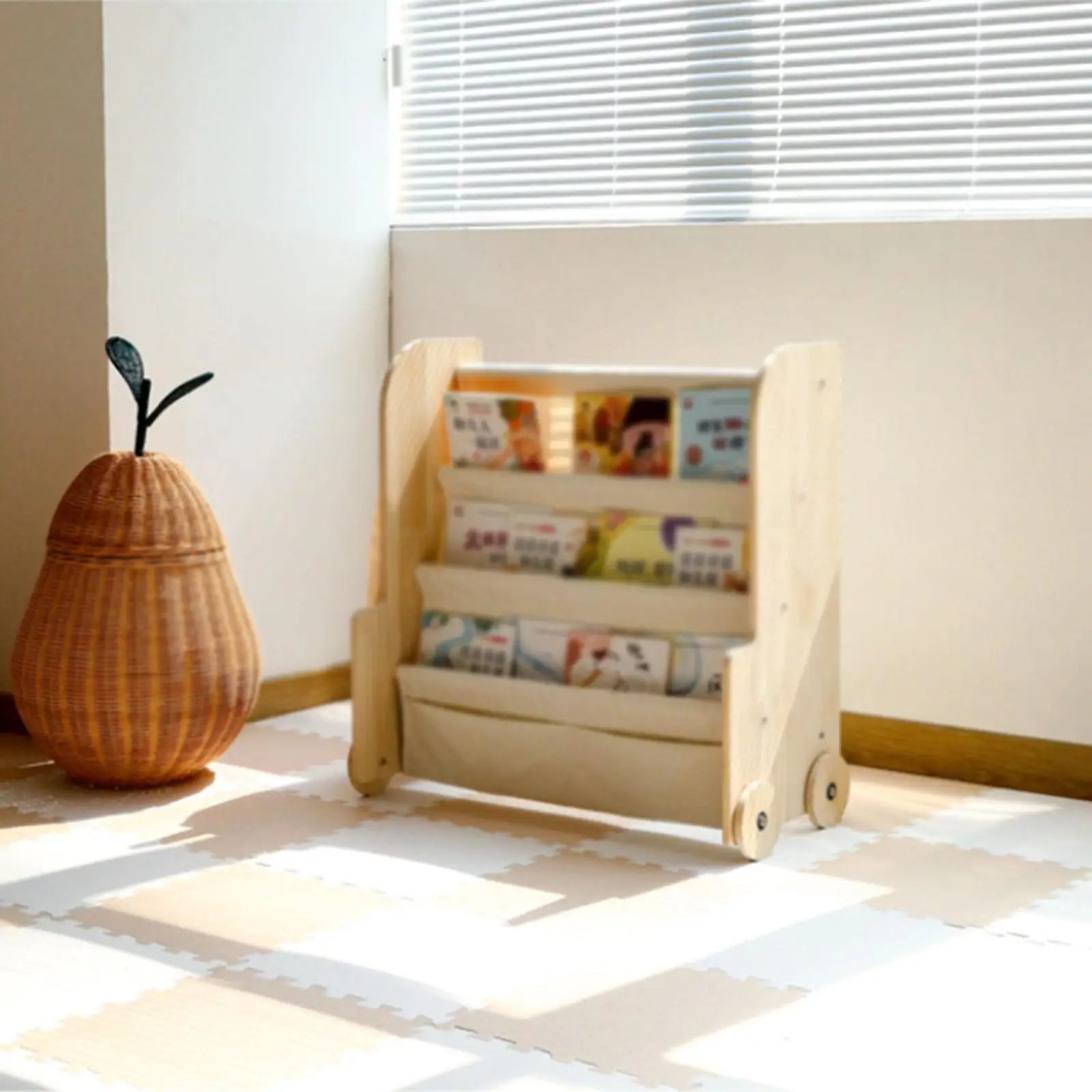

Movable Kids Bookshelf Wooden Design Easy to Install Book Organizer for Children's Room Nursery Storage