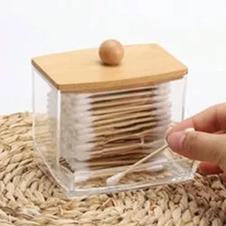 Small Cotton Swab Holder Cotton Swab Dispenser With Bamboo Lids Bamboo Bathroom Storage Jars Storage Containers Clear Plastic