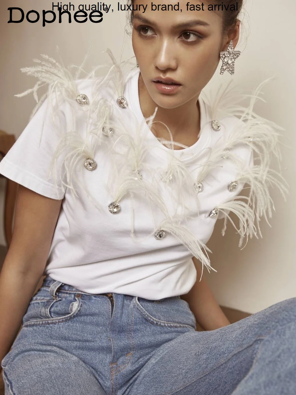 

Rhinestone Feather Heavy Tassel White Flowers T-shirt Women 2023 Summer New Trendy Short-Sleeved Cotton Slim Tshirt Tops Ladies