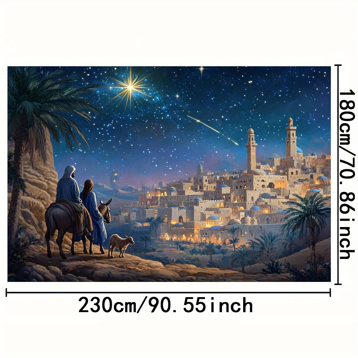 قطعة واحدة من خلفية القدس المرصعة بالنجوم - لافتة بوليستر بدون كهرباء مع ثلاثة رجال حكيمين وتصميم سيتي سكيب للعطلات