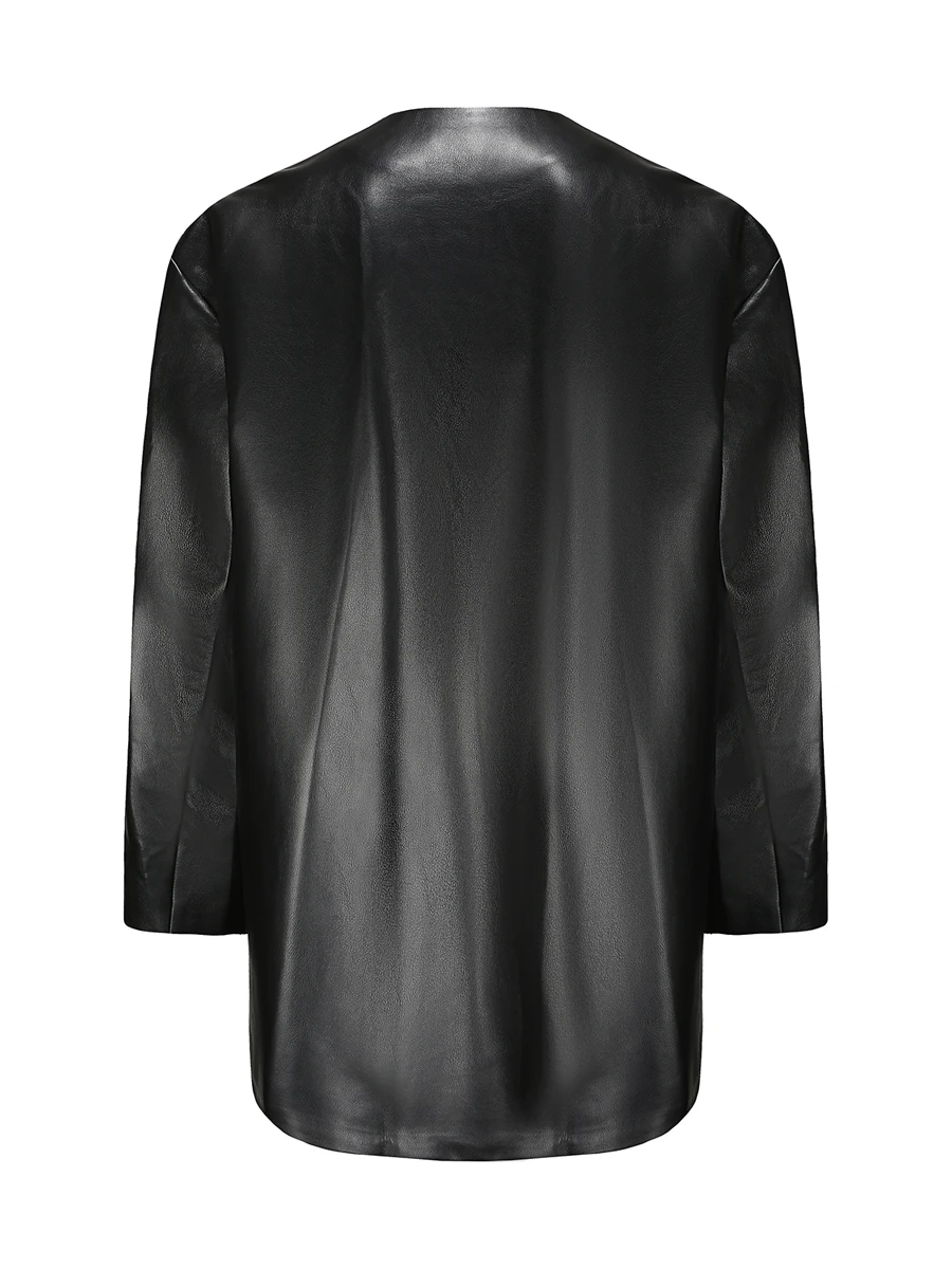 IAMCPLUS オーバーサイズ ミドル丈 レザー ジャケット ダブルブレスト カラーレス ワイドスタイル レディース ファッション 秋冬コート