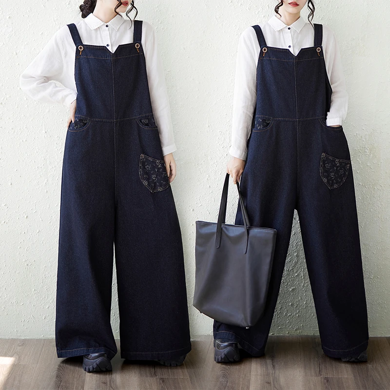 Retro Denim Wide Leg Overalls Women's Loose Fit Long Pants High Waist Cotton Commute Style Four Seasons Universal Autumn New