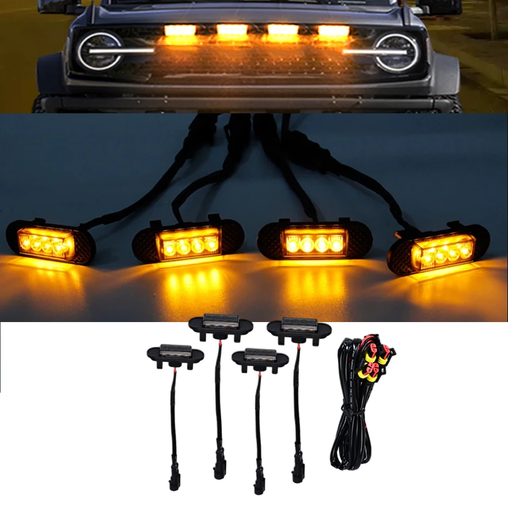 4pcs yellow cover/smoked black cover, yellow light always on, one to four car grille lights suitable for Ford Bronco 2021-2023