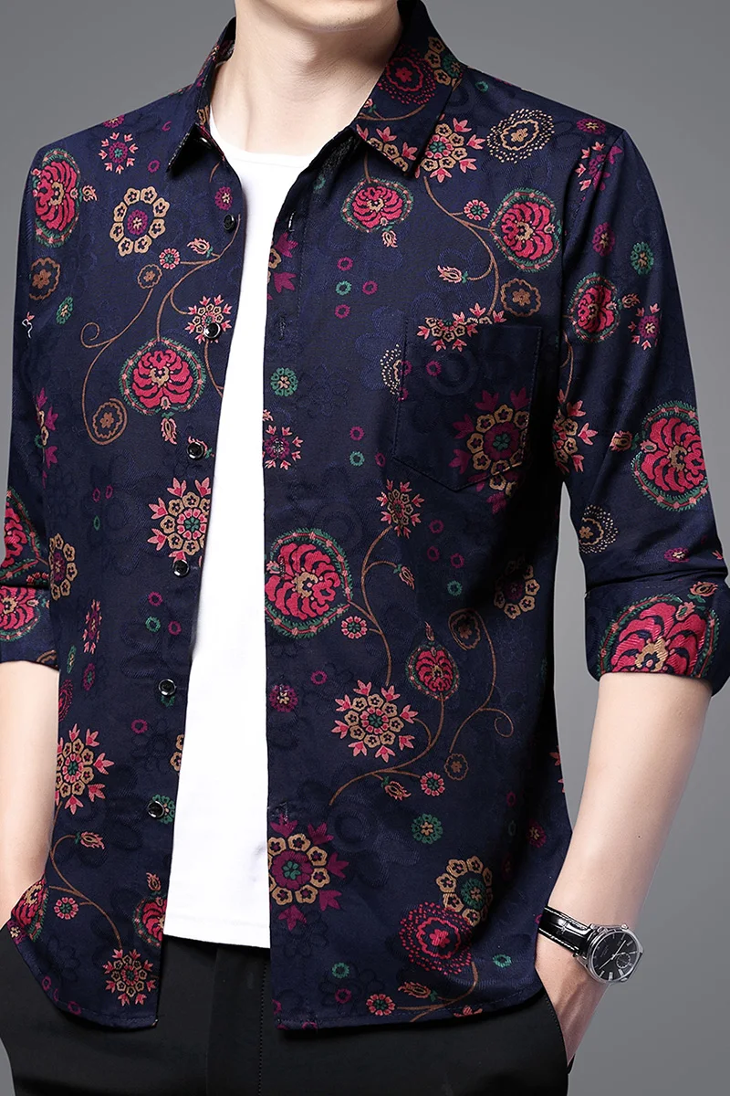 

Chinese Style New Man Floral Printed Shirts Spring Autumn Men Long Sleeve Shirt