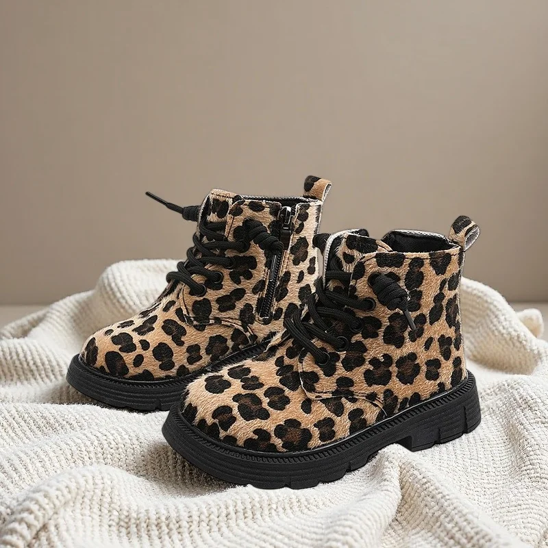 Kids Chunky Heel Ankle Boots 2026 Fall Winter Leopard Suede Mid Calf Boots Girls Non-Slip Warm Faux Fur Lined Boots Girls