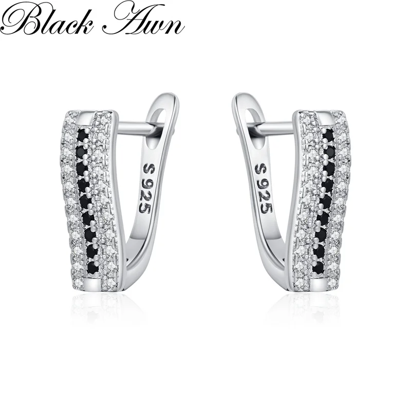 Black Awn Classic Silver Color Round Black Trendy Spinel Engagement Hoop Earrings for Women Jewelry Bijoux I308