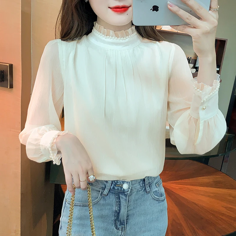 New Long Sleeve Beading Stand Collar Blouse Women Apricot Chiffon Blouse Shirt Women Tops Blusas Mujer De Moda 2024 Blouses G418