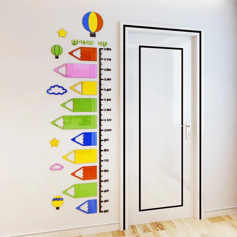 Acrylic 3D Children's Room Wall Sticker Cartoon Pencil Baby Height Ruler Wall Stickers 60x196CM Home Decoration Wall Stickers