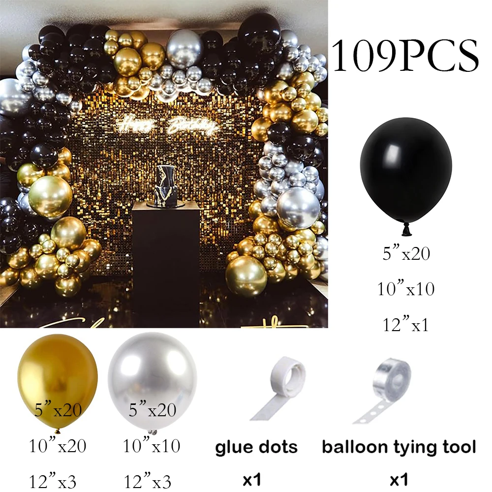 109pcs Black Balloons Metal Gold Silver Balloon Garland Arch Kit Graduation Decor Birthday Party Gender Reveal Decoration Globos