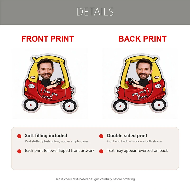 Custom Photo Car Shaped Pillow, Personalized Face In Red Toy Car Decorative Cushion, Funny I Love You Daddy Design Home Decor Ac