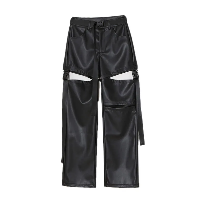 2024 Spring Autumn New Bag Buckle Leather Black Hollow Leather Pants Women\'s Design High Waist Loose Straight Tube Trendy Pants