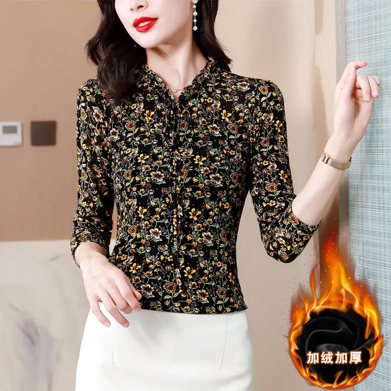 Women's Autumn and Winter New Fashion Elegant Standing Neck Pullover Print Lace Up Casual Versatile Long Sleeve Loose Shirt Tops