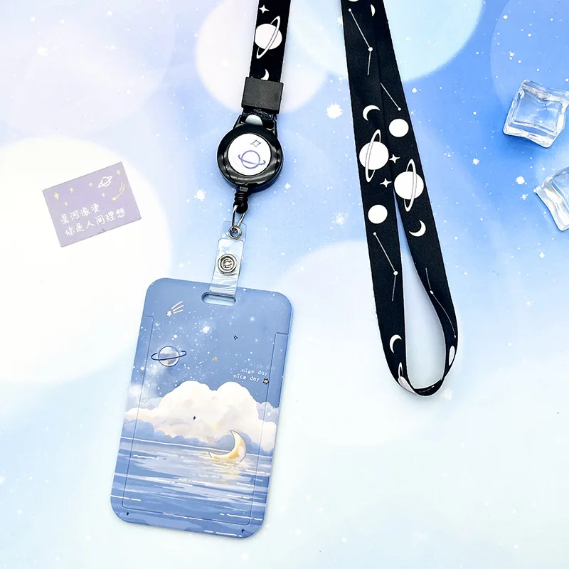 1 Pcs Blue Planet Telescopic Belt Cartoon Card Protection Clip Unisex Campus Student Card Bus Access Card Cover