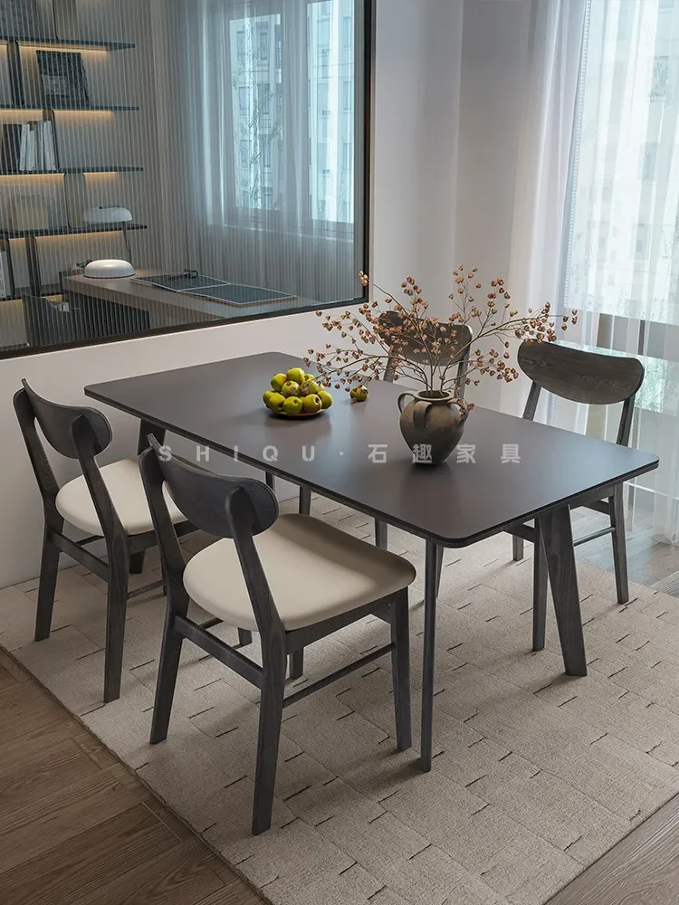 

Solid wood dining table and chair combination simple modern small apartment eating table rectangular pure black