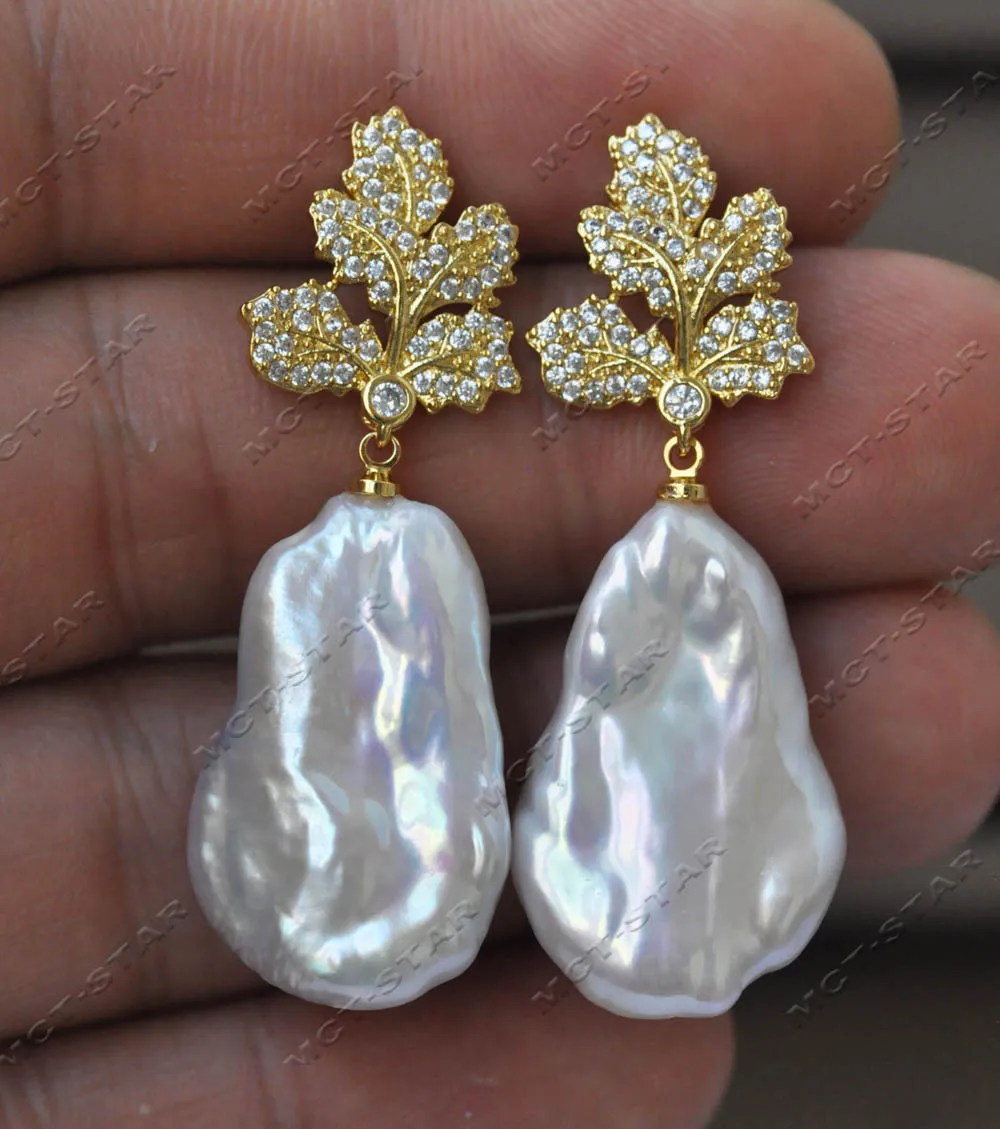 Z13433 26mm White Baroque Coin Keshi Reborn Pearl Maple Leaf CZ Dangle Earring Custom Jewelry