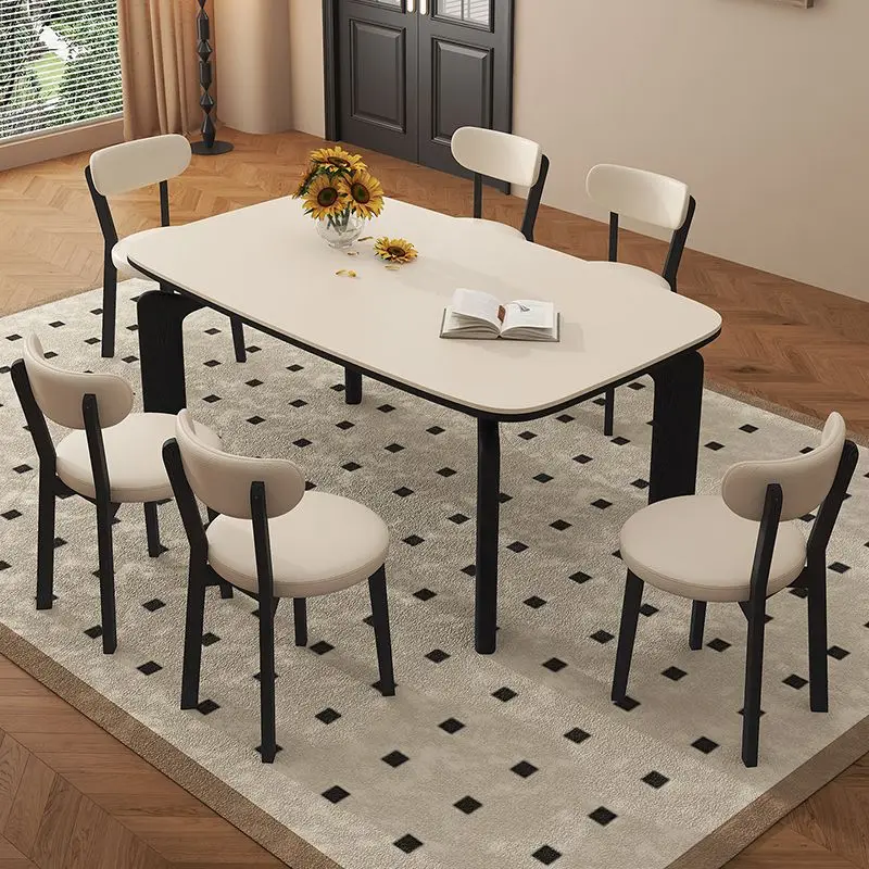 Cream wind rock slab dining table, elephant leg household small apartment rectangular retro medieval ash wood solid wood